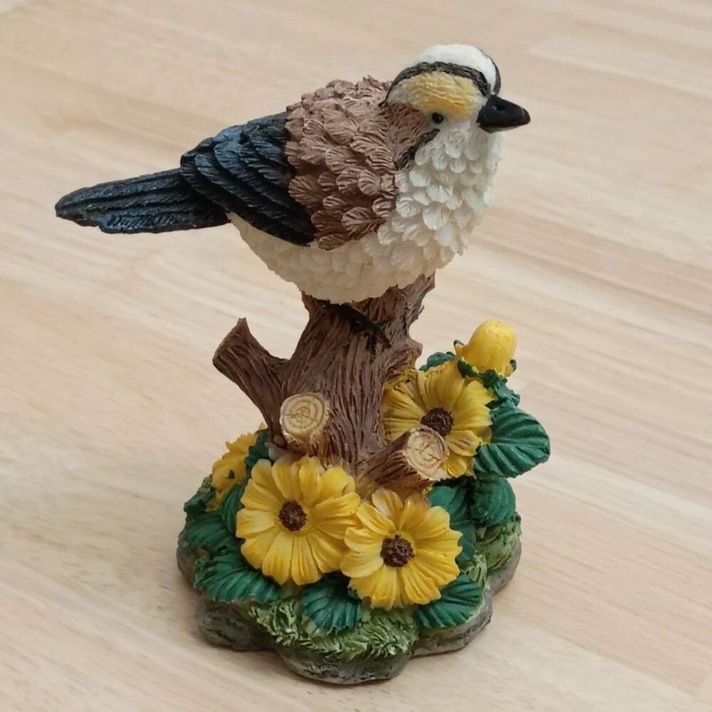 Small Resin Bird on Branch and Flowers Figurine Shelf Decoration
